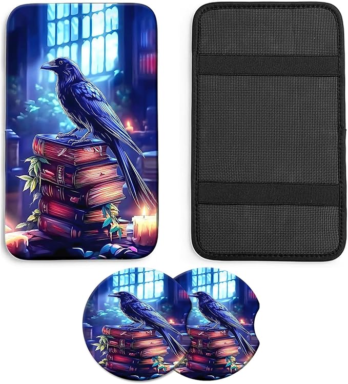 JANENFNA Car Armrest Cover Pads Universal Fashion Cute Auto Center Console Armrest Cover Pad with 2PCS Car Coasters Soft Waterproof Car Armrest Seat Protector for Women,Crow Standing on Books
