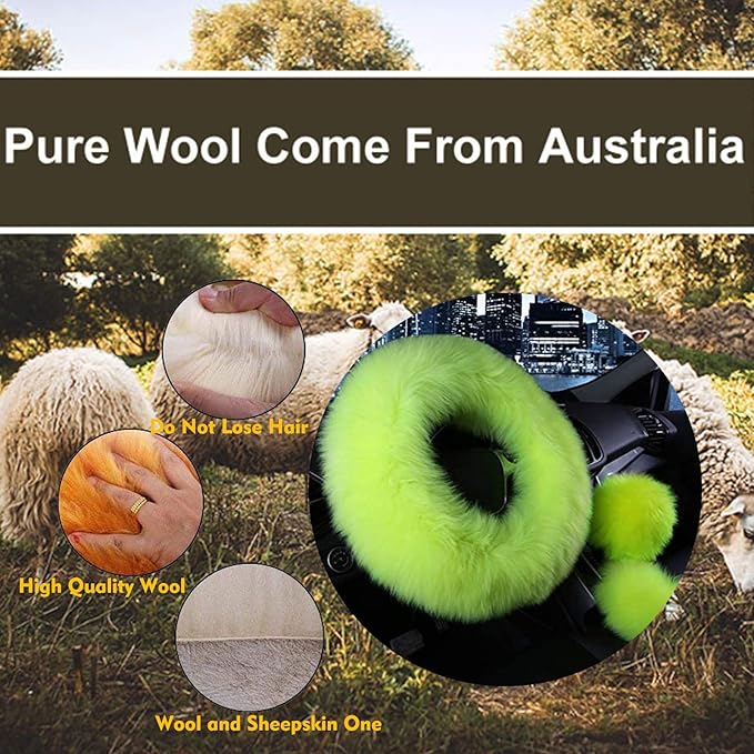 3 Pcs Car Steering Wheel Cover & Handbrake Cover & Gear Shift Cover Set Faux Wool Warm Winter (Green)