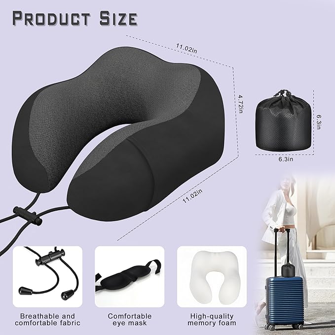 Phent zari Neck Travel Pillow, Upgraded Memory Foam Pillow for Airplane, Machine Washable, Adjustable Flight Pillow, Suitable for Sleeping Airplane, Car, Office and Home (Black)