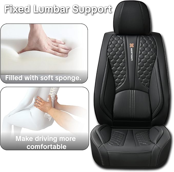 Wertigen Black Leather Car Seat Covers - Luxury Waterproof Car Seat Covers with Lumbar Support, Non-Slip Base, and Airbag Compatibility; Suitable for Sedans, Suvs, and Pickups.
