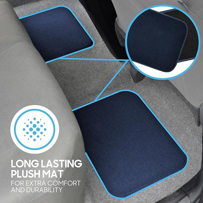 BDK Premium Carpet Blue Floor Mats for Cars - Universal Fit Interior 4-Piece Car Mats Full Set with Vinyl Heel Pad Protector - Cute Car Accessories Interior Floor Covers for SUVs & Trucks