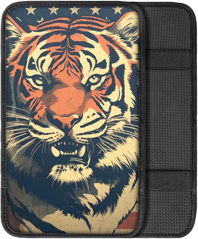 Car Center Console Pad, Universal Waterproof Car Armrest Seat Box Cover, Car Interior Accessories for Most Vehicle SUV Truck Vintage American Flag Tiger Car Armrest Pad