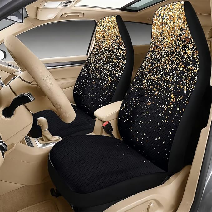 FUSURIRE 5Pcs Car Accessories Set Golden Sequins Print PU Front Seat Covers, Seat Belt Covers & Center Armrest Pad Universal FIT for Car, SUVs,Van,Small Trucks