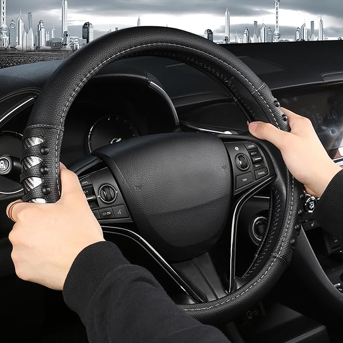 West Llama Microfiber Leather Car Steering Wheel Cover for Men Women,Universal Fit 15.5-16 inch(Leather Nails-Gray+Black-Large Size)