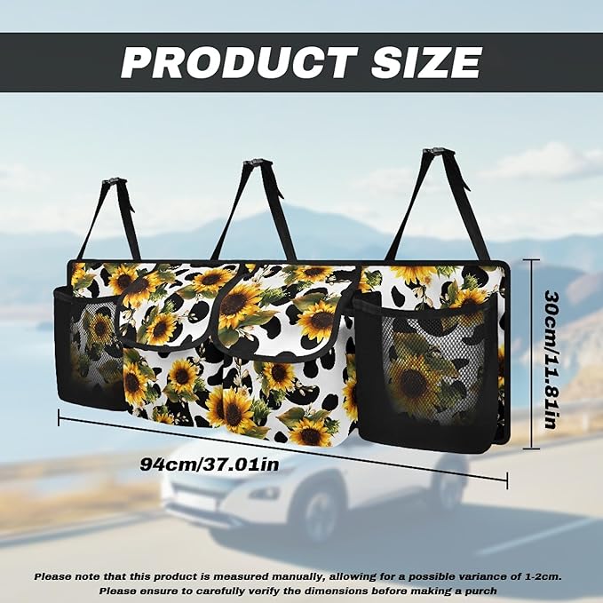 CLOHOMIN Cow Print Trunk Organizer for Car Sunflower Trunk Organizers for SUV Truck Van Collapsible Trunk Storage Organizer Backseat Hanging Car Organizer with 4 Pockets