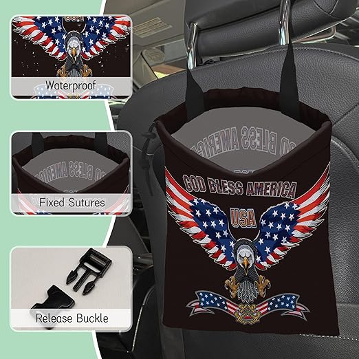 NHNXHWIA Bald Eagle Car Trash Bag,American Flag Hanging Drawstring Car Garbage Bag, Waterproof Canvas Car Back Seat Organizer with Adjustable Buckle, for Vehicles, SUVs, Camping, Road Trips