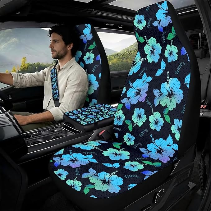 Psesaysky Universal Leather Car Seat Covers Set, Blue Hibiscus 2 Front Seat Protectors + 2 Seat Belt Pads + 1 Center Console Armrest Cover (5 Pieces Full Set)