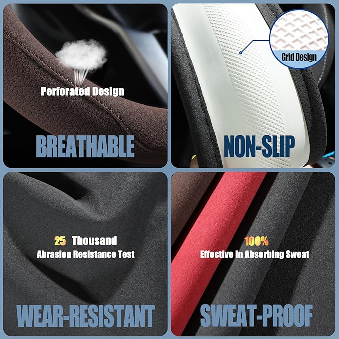 Brown Suede Steering Wheel Cover, Breathable Non-Slip Sweat-Proof Wear-Resistant No Pilling, Warm in Winter and Cool in Summer, Universal 15 inch