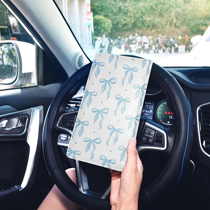 JUZIHAI Blue Ribbon Bow Car Registration and Insurance Holder Glove Box Organizer Leather Vehicle Essential Document Card Wallet Accessories Case
