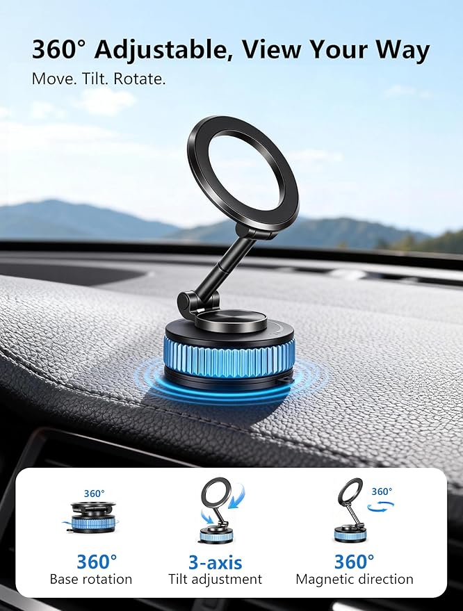 AOLIJIA Magnetic Phone Holder car，Metal Body Durable and Solid,Vacuum Suction Cup Phone Holder, Magsafe Car Mount for iPhone, Folding Holder for iPhone and Android