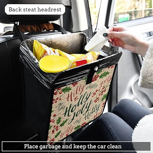 Car Trash Can Organizer Bin with Adjustable Strap for Back Front Seat Console Waterproof Leakproof Collapsible Portable 11 Inch Beige Cherries Holly Jolly