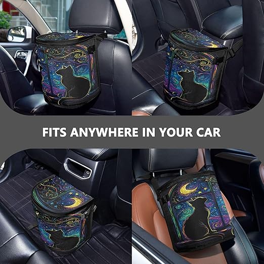 MNSRUU Car Trash Can with Lid, Two Black Cats in A Window Car Trash Bag Hanging Organizers and Storage for Front Back Seat, Leak-Proof Trash Bin