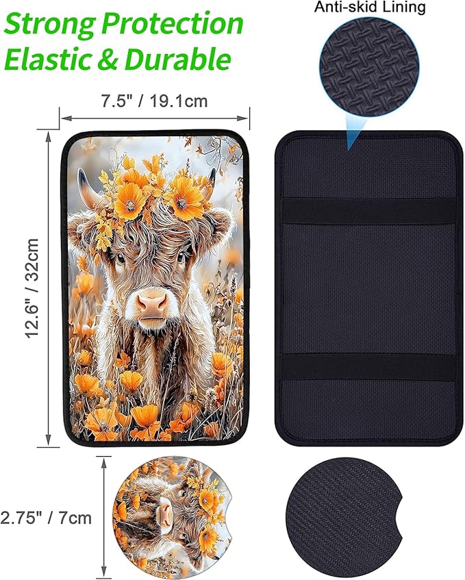JANENFNA Car Armrest Cover Pads Universal Fashion Cute Auto Center Console Armrest Cover Pad with 2PCS Car Coasters Soft Waterproof Car Armrest Seat Protector for Women,Cow with Yellow Flowers
