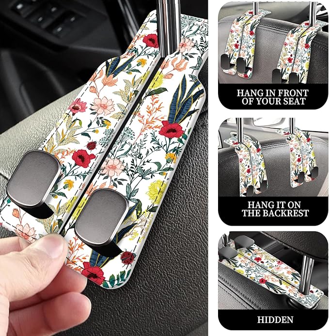 AXRQLSU PU Leather Car Seat Hook, Storage Headrest Hanger, Cute Car Backseat Organizer, Car Hooks For Purses and Bags Colorful Wildflowers White