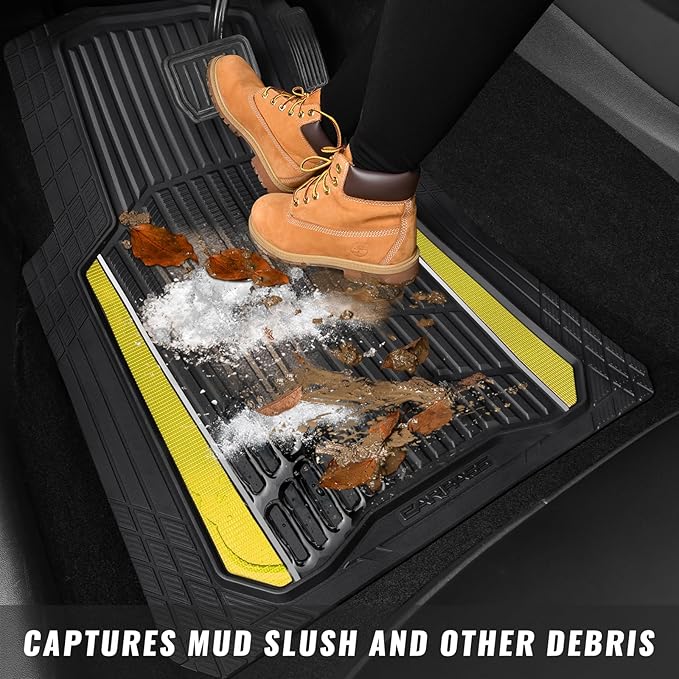 CAR PASS Heavy Duty Rubber Car Floor Mats, Deep Waterproof Car Floor Mats All Weather, Aluminum Film Floor Mats for Cars Non-Slip Universal Trim to Fit for SUV Trucks Sedans Vans,Black Yellow Metallic