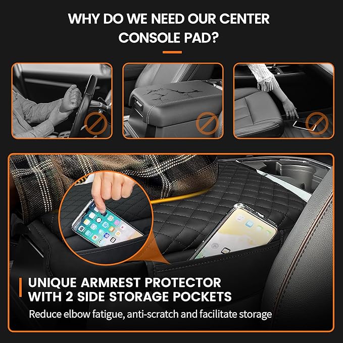 Custom for Center Console Cover 2023 2024 2025 2026 Ford F250 F350 F450 F550(Bucket Seat Only) Armrest Cover Accessories PU Leather Armrest Seat Box Cover Protector with Pockets Storage Bag