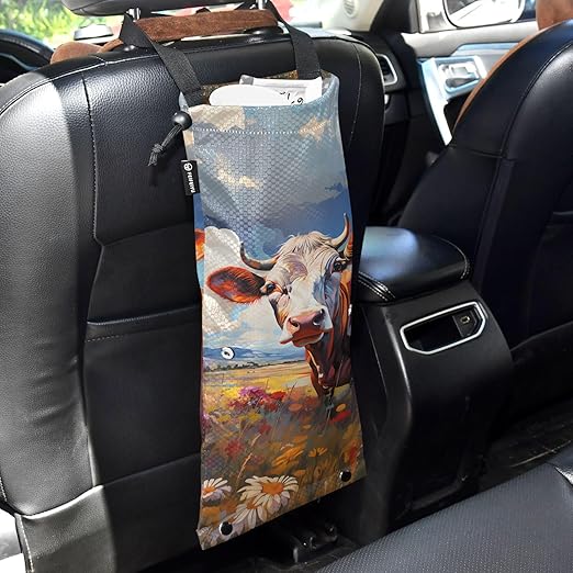 ALAZA Hanging Car Trash Bags Garbage Bag Trash Can for Back Seat Small Cow Cattle 2 Washable Storage Bag Retractable 2 Pack