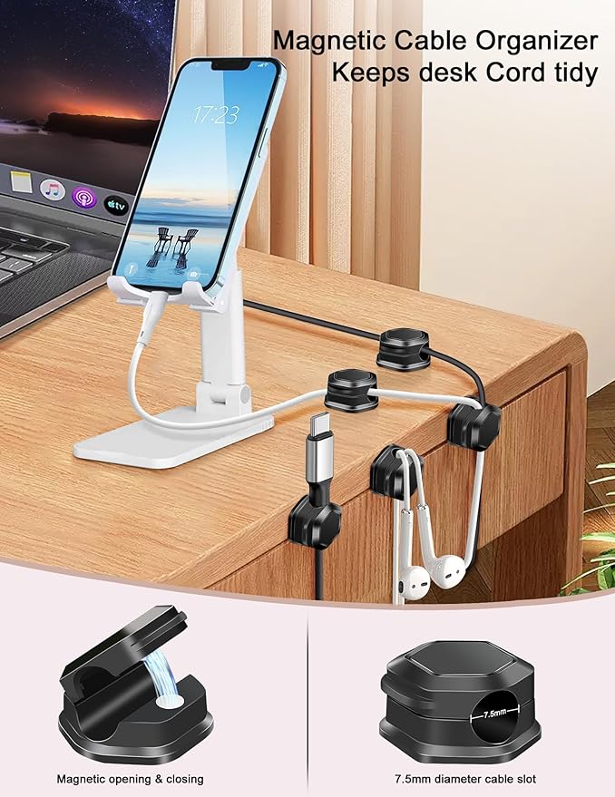 12Pack Magnetic Cable Clips - Cord Holder - Cord Organizer for Desk - Magnetic Cord Organizer, Adhesive Wire Holder Keeper Organizer for Desk, Nightstand, Phone Charger, Computer, Home, Office, Car