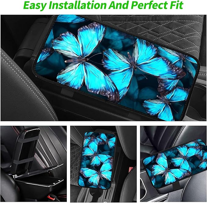 JANENFNA Car Armrest Cover Pads Universal Fashion Cute Auto Center Console Armrest Cover Pad with 2PCS Car Coasters Soft Waterproof Car Armrest Seat Protector for Women,Blue Butterflies