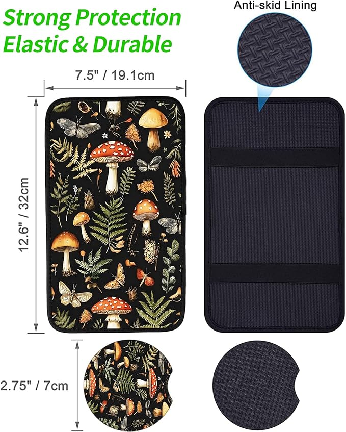 JANENFNA Car Armrest Cover Pads Universal Fashion Cute Auto Center Console Armrest Cover Pad with 2PCS Car Coasters Soft Waterproof Car Armrest Seat Protector for Women,Mushroom Insect Grass
