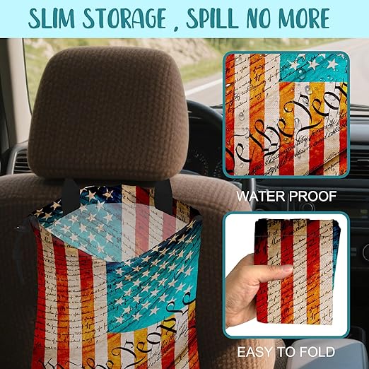 We the People Car Trash Bag American Flag Hanging Drawstring Car Organizer and Storage Bag with Adjustable Buckle Canvas Garbage Bin for Back Seat or Hanging Headrest Car Decor Road Trip Essentials