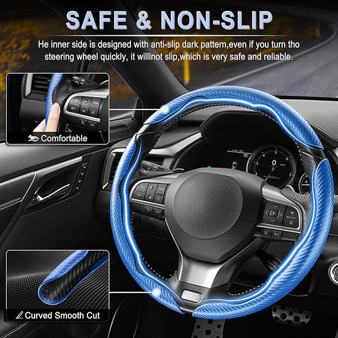 Amiss 3pcs Carbon Fiber Anti-Skid Steering Wheel Cover, Waterproof & Segmented Butterfly Design, Universal 99% Vehicle Wheel Cover Protector, Car Interior Accessories, Blue