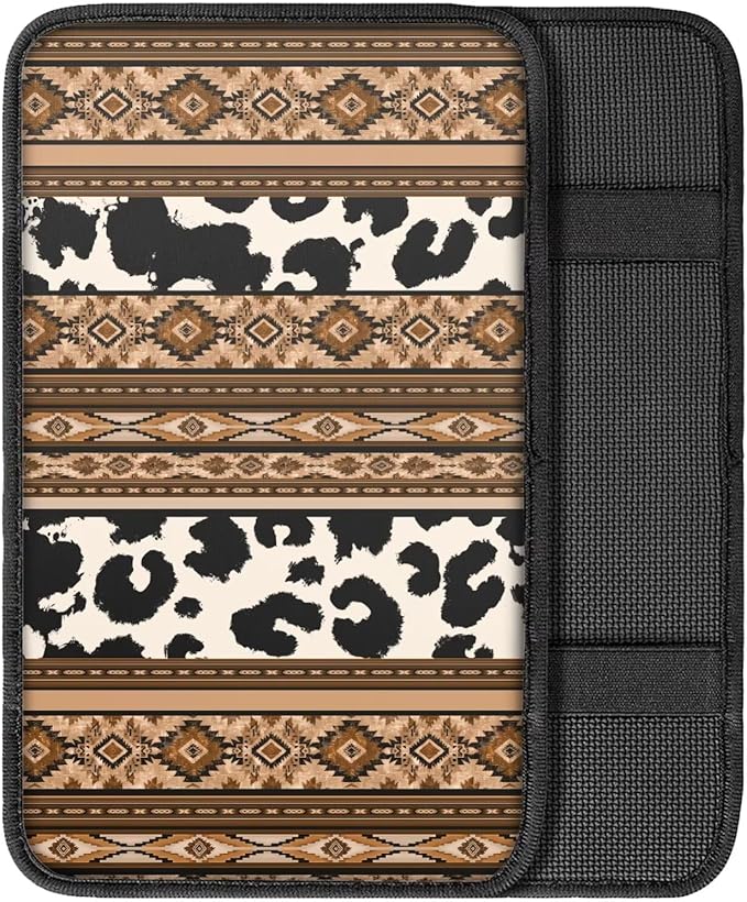 Browm Cow Aztec Auto Center Console Armrest Pad Dustproof Car Center Console Cover Seat Box Cover Cushion Aztec Car Accessories Decor for Sedan, Van, SUV, Truck