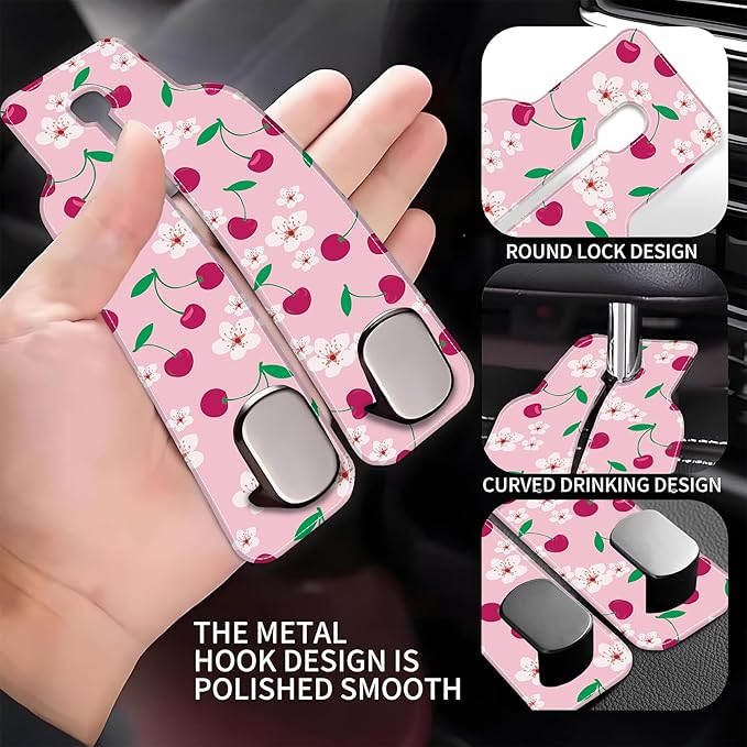 AEWNUNK Car Headrest Purse Hanger Cute Floral and Pink Cherries 1 Pack Bag Purse Holder for Car Premium Leather Double Metal Hook for Handbags, Grocery Bags and Phones