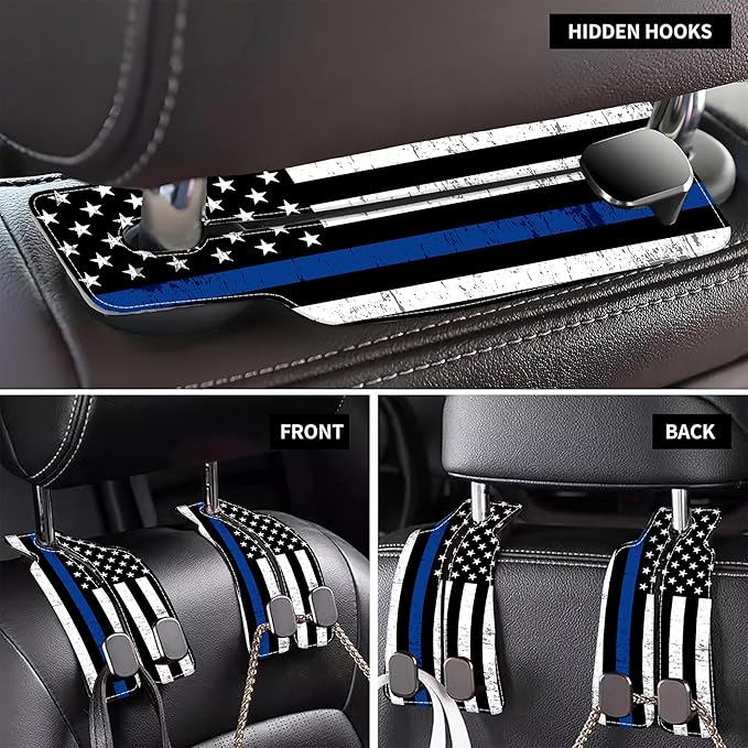 AEWNUNK Car Headrest Purse Hanger Grunge Blue and Black American Flag 1 Pack Bag Purse Holder for Car Premium Leather Double Metal Hook for Handbags, Grocery Bags and Phones