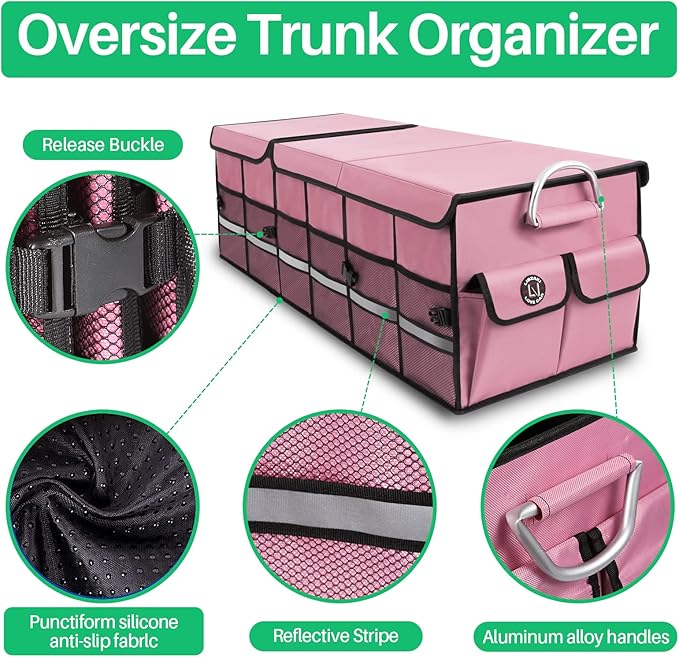 LI LIBZAKI Big Car Trunk Organizer, Cargo Organizer SUV Trunk Storage Non Slip Bottom Waterproof Collapsible Durable Multi Compartments-(Oversize,Pink)