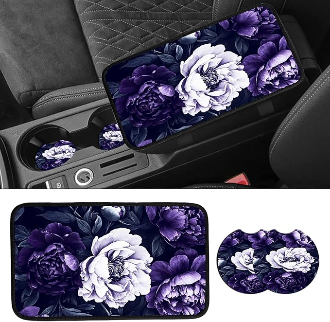 JANENFNA Car Armrest Cover Pads Universal Fashion Cute Auto Center Console Armrest Cover Pad with 2PCS Car Coasters Soft Waterproof Car Armrest Seat Protector for Women,Purple Peonies