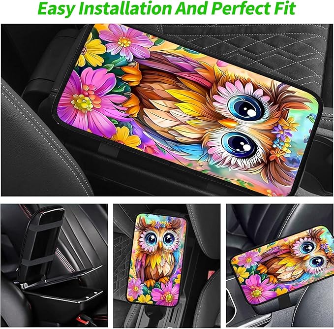 JANENFNA Car Armrest Cover Pads Universal Fashion Cute Auto Center Console Armrest Cover Pad with 2PCS Car Coasters Soft Waterproof Car Armrest Seat Protector for Women,Colorful Owl-A