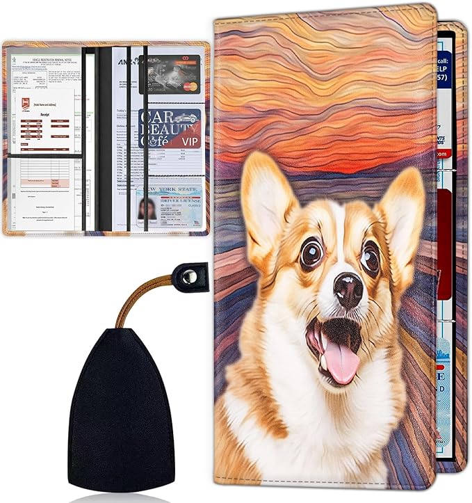 Car Registration Holder, Waterproof PU Leather Vehicle Card Document Glove Box Organizer, Women Interior Auto Accessories Case for Cards, Driver License Car Insurance Holder, Corgi Dog Oil Painting