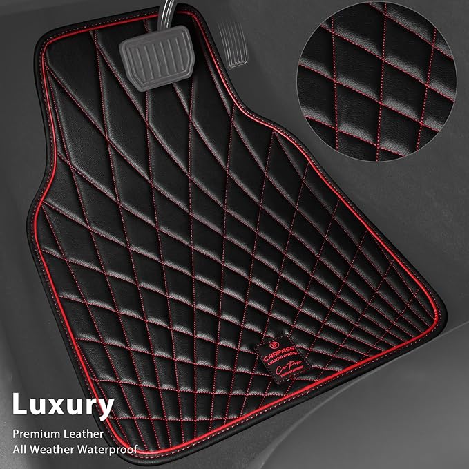 CAR PASS Faux Leather Floor Mats for Cars, Luxury Waterproof All Weather Car Mats Full Set, Anti-Slip Deluxe Automotive Mats Universal Fit for Most SUV Vans Sedans Trucks, 4 Piece Black and Red