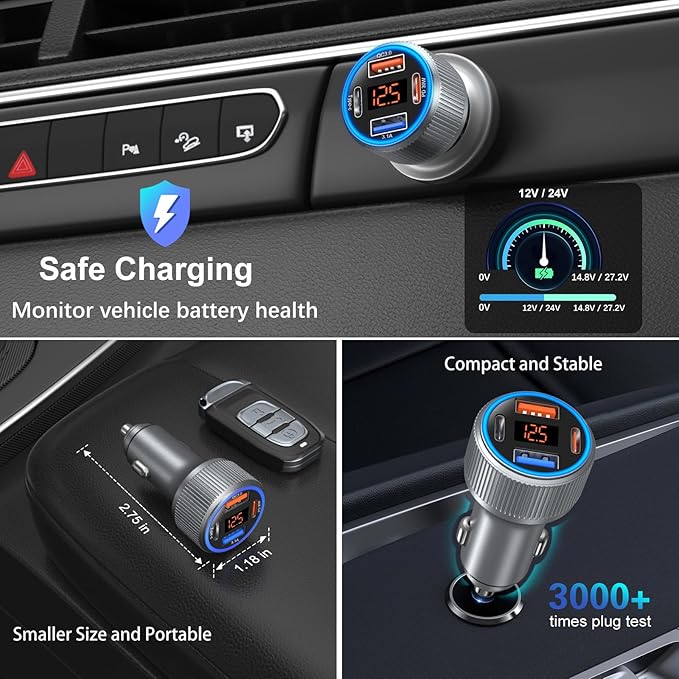 USB C Car Charger, 65W 4-Port 12V USB Car Power Cigarette Lighter Adapter with Voltage Display QC/PD 3.0 Super Fast Charge Type C Car Charger for iPhone 17 16e 15 Pro Max Air Pad Pro+4 Pack C Cords