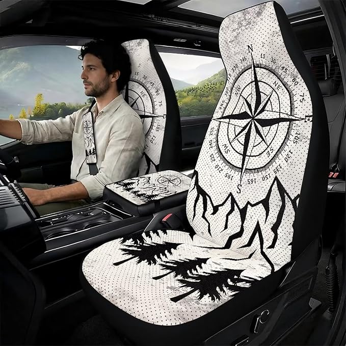 Qeluxign Air Mesh Car Seat Covers & Accessories 5-Piece Set 2 Seat Covers, 2 Shoulder Belt Pads, 1 Console Pad PU Leather Car Interior Set for Women,Compass Mountain Pine Tree