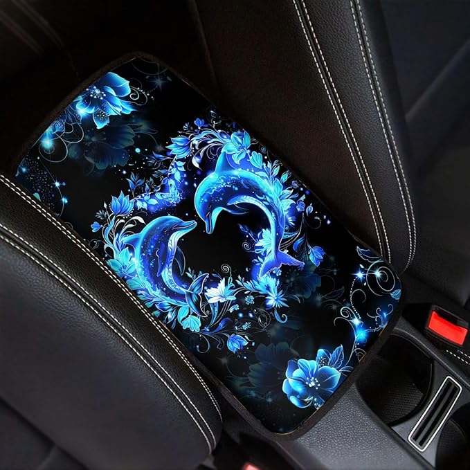 Mintutlipy Blue Glowing Dolphin Car Center Console Cover Universal Car Interior Accessories for SUV Sedans Vans Anti-Scratch Car Armrest Protector for Dogs