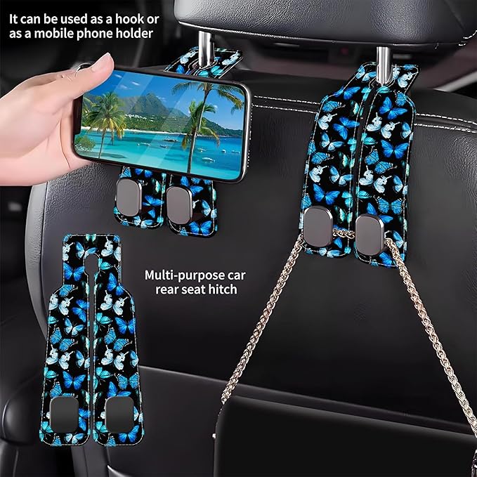 Purse Hook for Car Watercolor Blue Butterflies 1 Pack Headrest Back Seat Hook Premium Leather Double Metal Hanger Storage Pack Bag Purse Holder Car Interior Accessories
