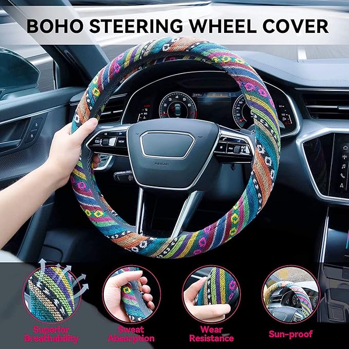Limsas Boho Steering Wheel Cover Elastic Microfiber for Women, Universal Fit 15 inch Car SUV, Hippie Style Protector Cover, Anti-Slip, Breathable, Absorbing Sweat - 01