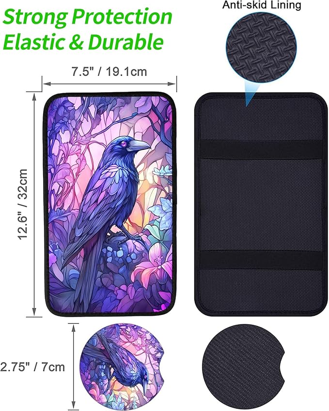 JANENFNA Car Armrest Cover Pads Universal Fashion Cute Auto Center Console Armrest Cover Pad with 2PCS Car Coasters Soft Waterproof Car Armrest Seat Protector for Women,Beautiful Crow