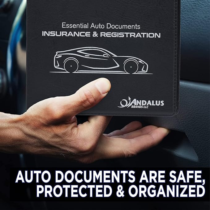 Andalus Auto Registration & Insurance Card Holder Pack of 2, Waterproof Essential Car Registration Holder with Hook & Loop Closure, Perfect for Every Vehicles Glove Boxes (Black - 5 1/8" x 4 5/8")