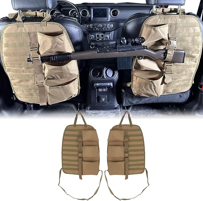 SUNPIE 2 Pcs Seat Back Truck Gun Rack，Automotive Gun Racks with Molle Panel Universal Seatback Storage Pockets Tactical Car Seat Back Organizer for Hunting Accessories Storage,Khaki