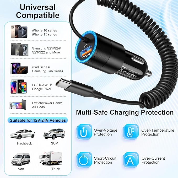 5-Pack USB C Car Charger,38W Fast Charging Car Phone Charger+3FT Type C Coiled Cable,PD&QC 3.0 Car Charger Adapter Compatible with iPhone 16/15 Plus/Pro/Max,Galaxy S24 S23 Ultra,iPad,LG