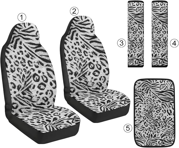 Psesaysky Leopard Zebra Stripe Leather Car Seat Covers for Automotive Front Seats 2PCS + Armrest Cover + Seat Belt Covers 2PCS, Full Set 5PCS Universal Fit for Most Cars Trucks