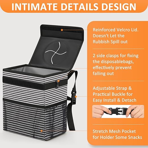 Vankor 3 Gallons Car Trash Can with Lid, Car Trash Bag Bin Hanging Waterproof Automotive Garbage Cans Leak Proof Vehicle Trash Can Stripe