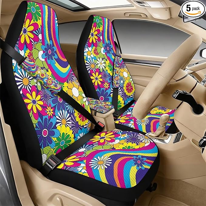 Psesaysky Hippie Flower Auto Accessories Decor Set of 5, Leather Armrest Covers, 2 Piece Seabelt Pads, Breathable Front Seat Protectors Universal Fit for Car Truck SUV