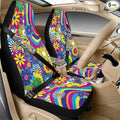 Psesaysky Hippie Flower Auto Accessories Decor Set of 5, Leather Armrest Covers, 2 Piece Seabelt Pads, Breathable Front Seat Protectors Universal Fit for Car Truck SUV