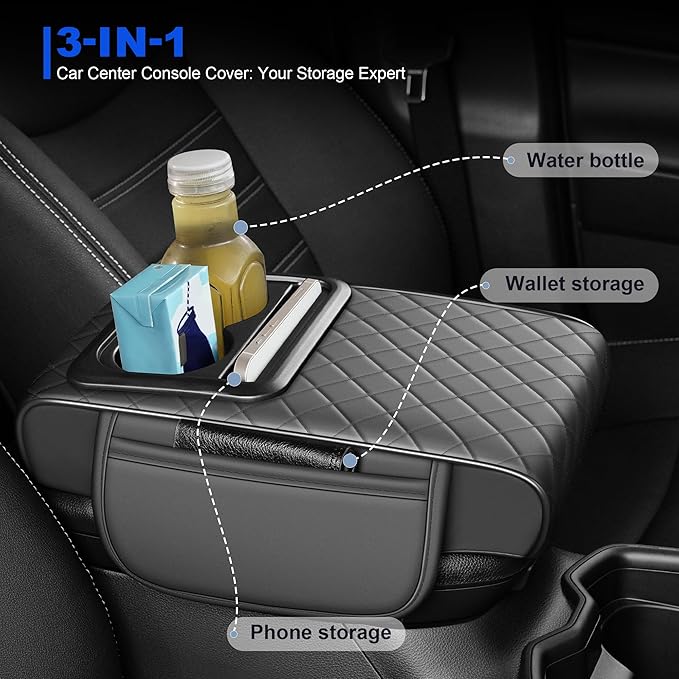 Upgraded Car Center Console Cover Fit for Subaru Outback Thick Leather Car Armrest Cover with 2 Storage Pockets,Cup Holder,Phone Slot(Gray)