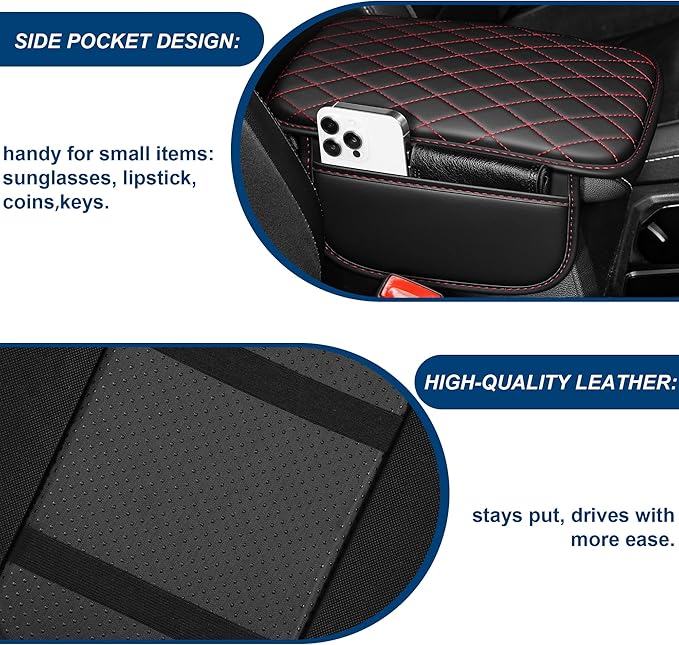 Car Center Console Cover Fit for Volkswagen Tiguan Leather Armrest Cover with 2 Storage Bags Waterproof Console Cover Scratch & Wear Resistant(Redline)