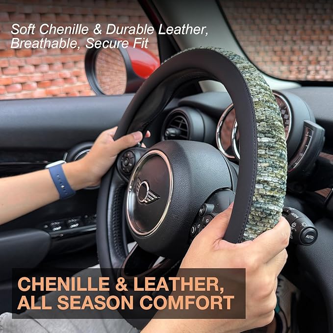 PINCTROT Large Size Chenille Leather Steering Wheel Cover, Soft Mottled Colors, Sweat-Proof, Non-Slip Grip, All-Season Comfort, 15.5-15.75 Inch(Mottled Green)